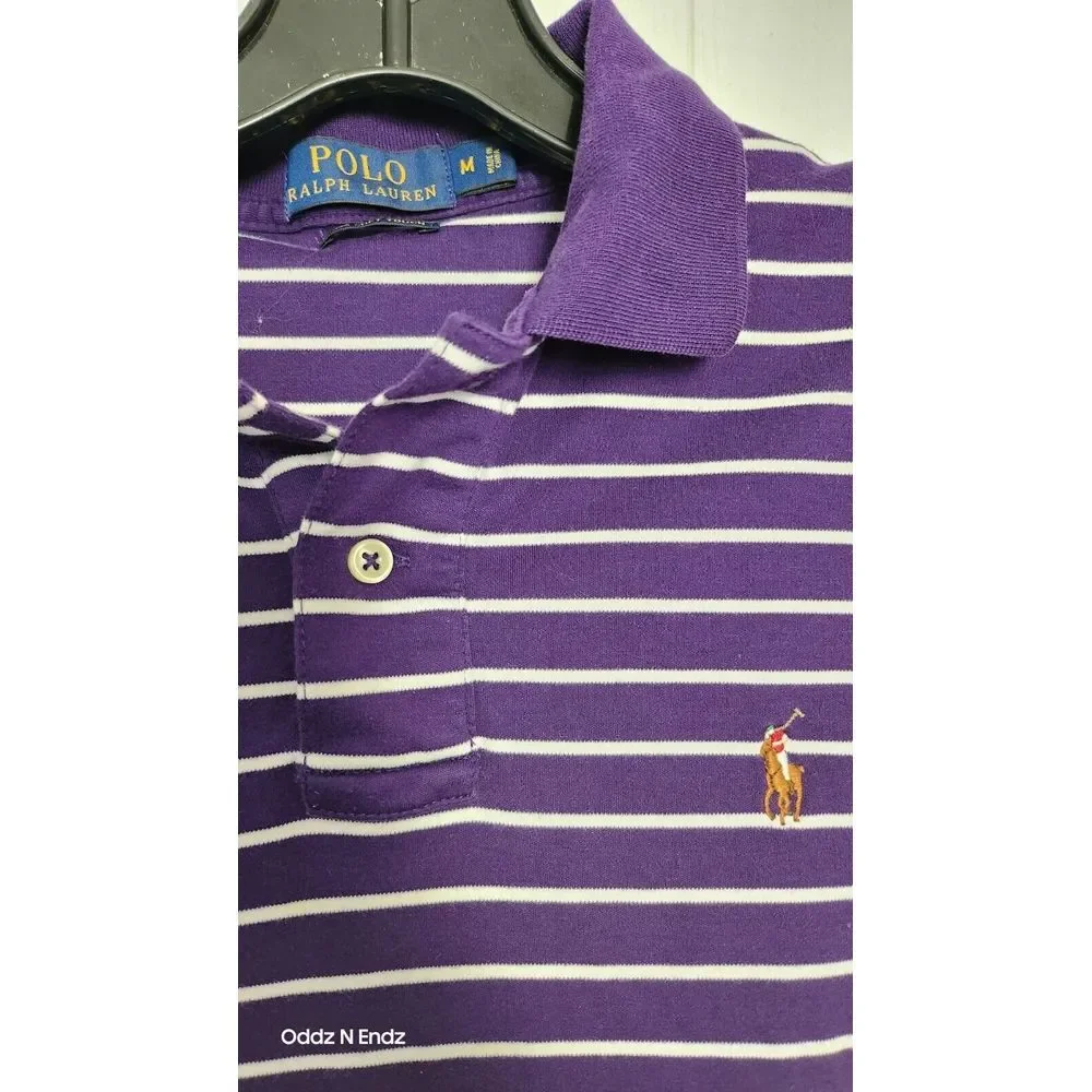 Polo Ralph Lauren Mens Purple Striped Polo Shirt M 100% Cotton Short Sleeve Clas